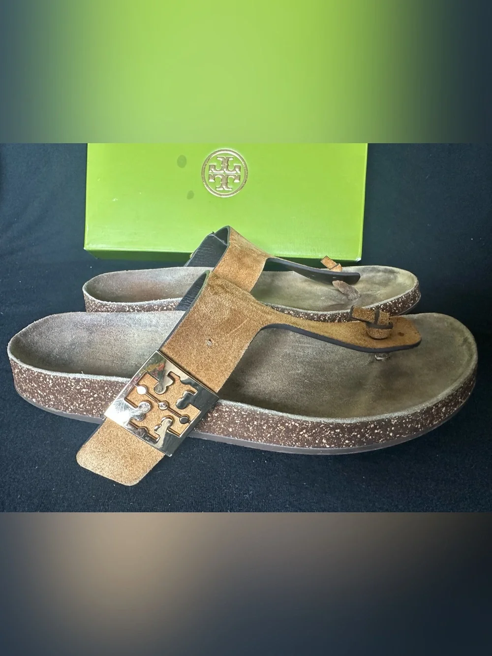 Tory Burch Mellow Thing Suede Cork Toe-Post Sandals Logo Plaque Cognac Tan 8.5